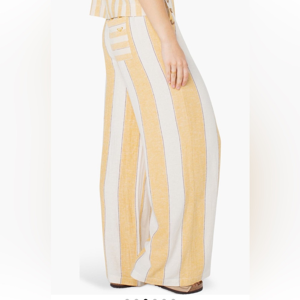 ROXY ADRIAN WIDE LEG LINEN BLEND PANTS AMBER GOLD STRIPE SIZE 31 NWT - Picture 4 of 12
